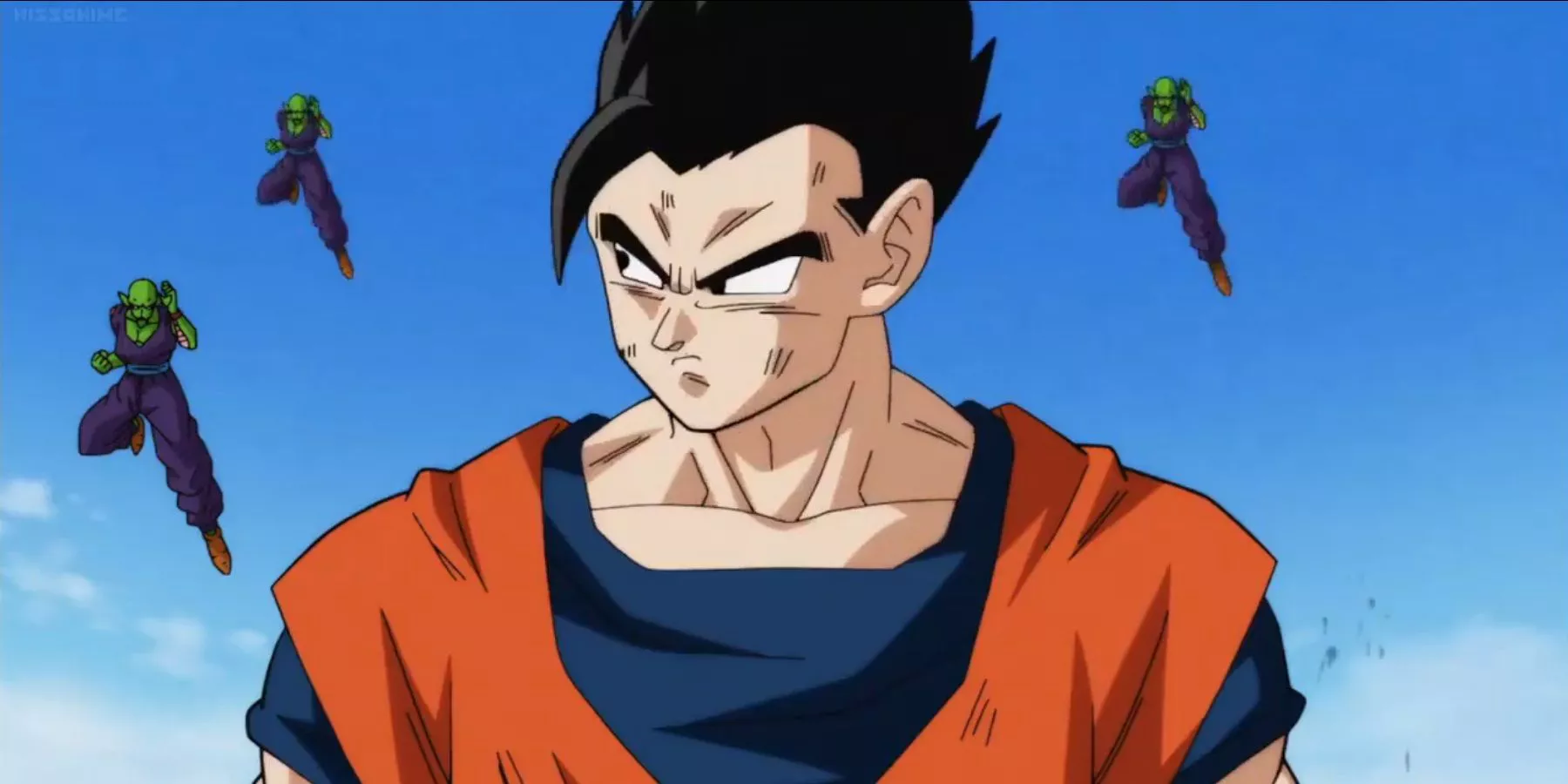 Mystic Gohan looks around at a number of Piccolo clones surrounding him in Dragon Ball Super.