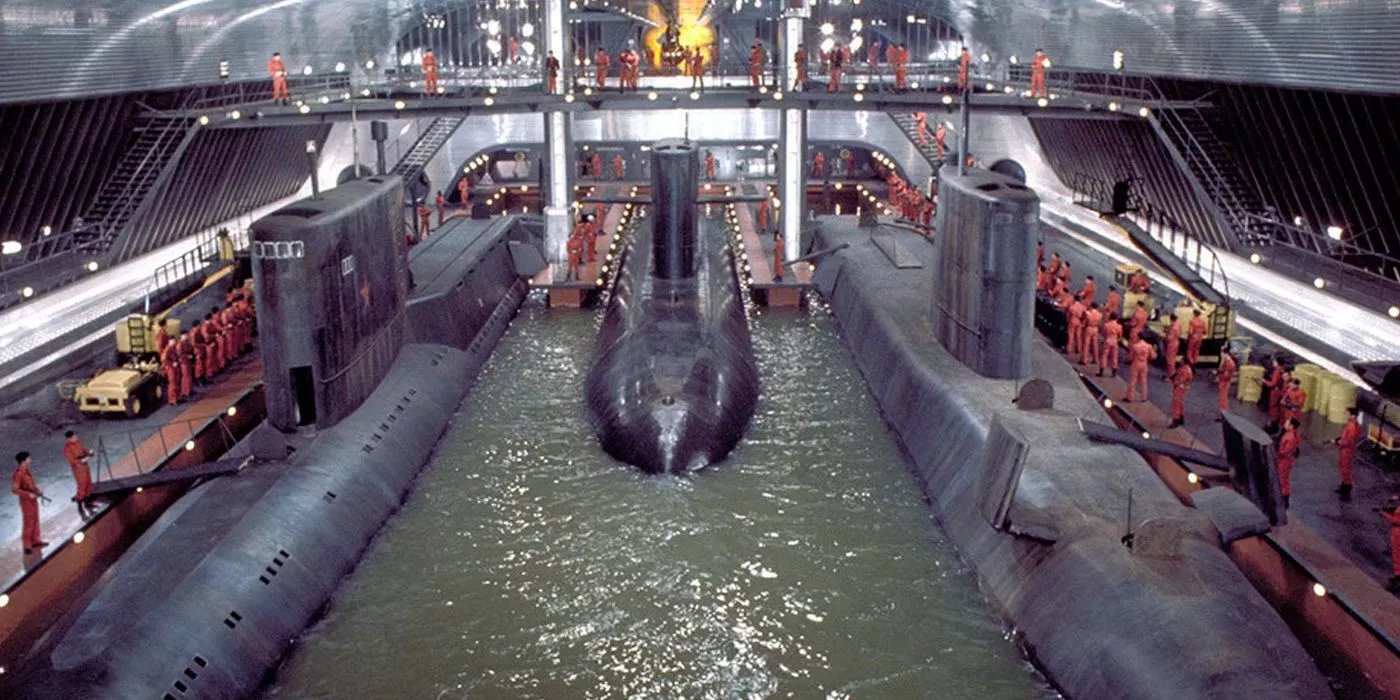 The submarines parked inside the supertanker in The Spy Who Loved Me