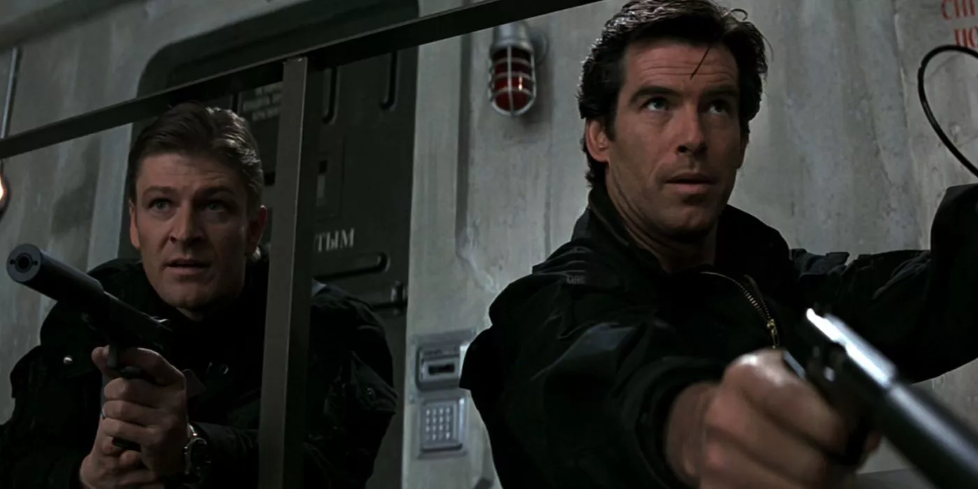 006 and 007 aim their pistols during an old mission in GoldenEye