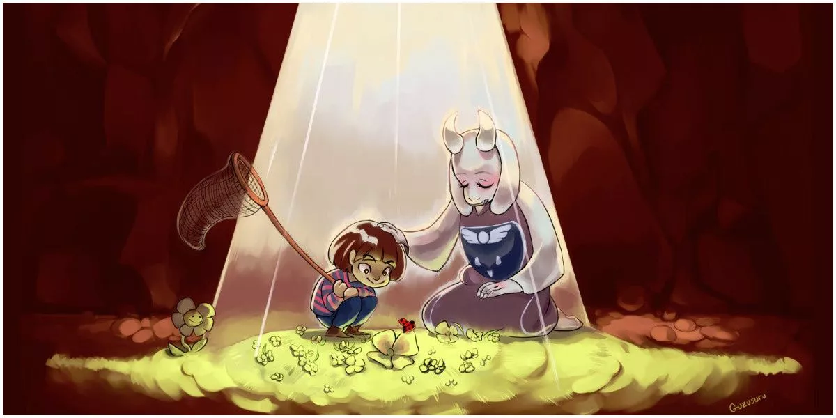 The player character Frisk and Toriel in official art for Undertale.