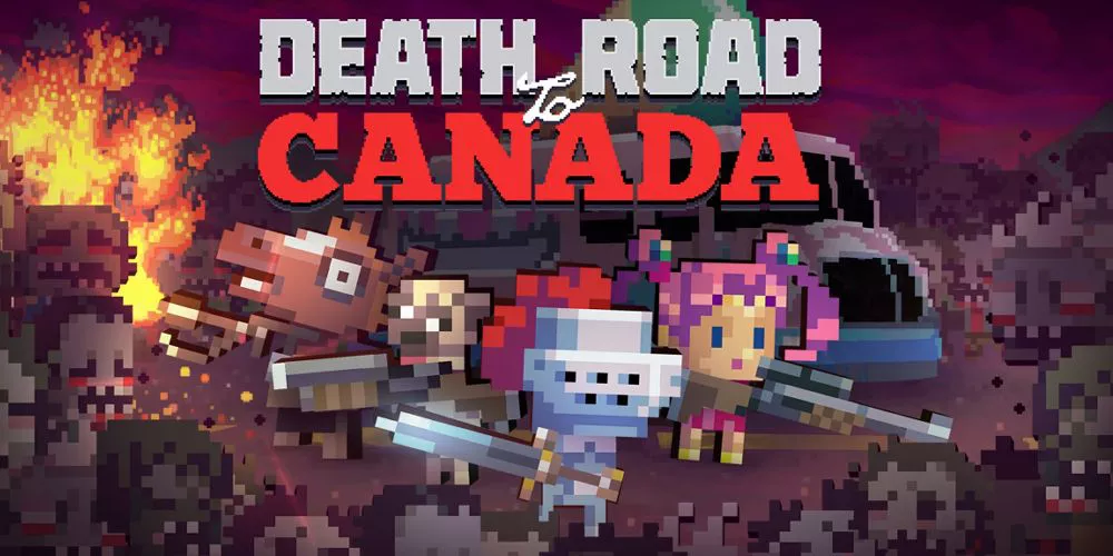 Death Road to Canada promo art depicting Horse, a pug, Knight, and the Anime Girl fighting off a horde of zombies.