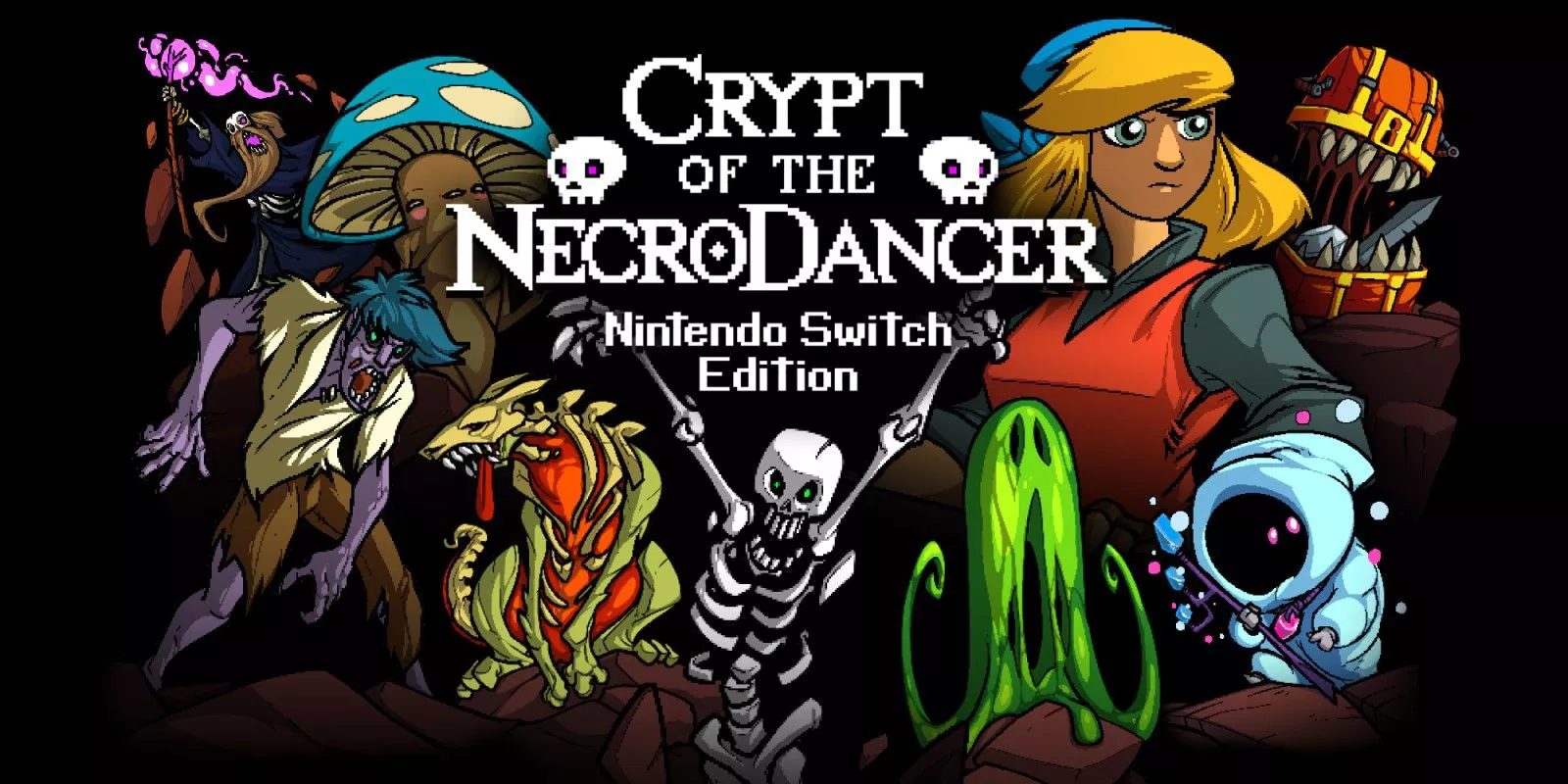 Art for the Nintendo Switch Edition of Crypt of the Necrodancer, featuring the protagonist Cadence among enemies in the game.