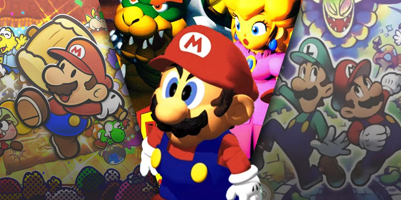 Split image of Super Mario RPG, Paper Mario, and Mario and Luigi Superstar Saga