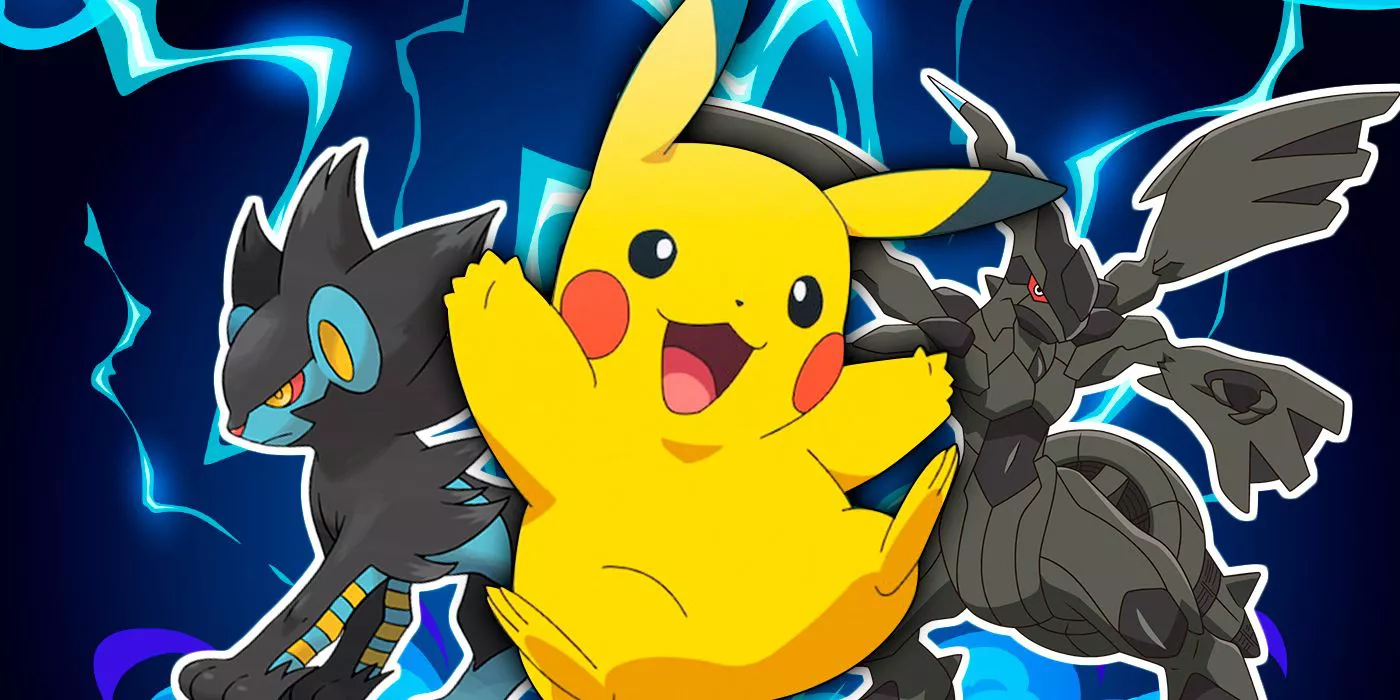 Luxray, Zekrom, Pikachu in front a Stormy background