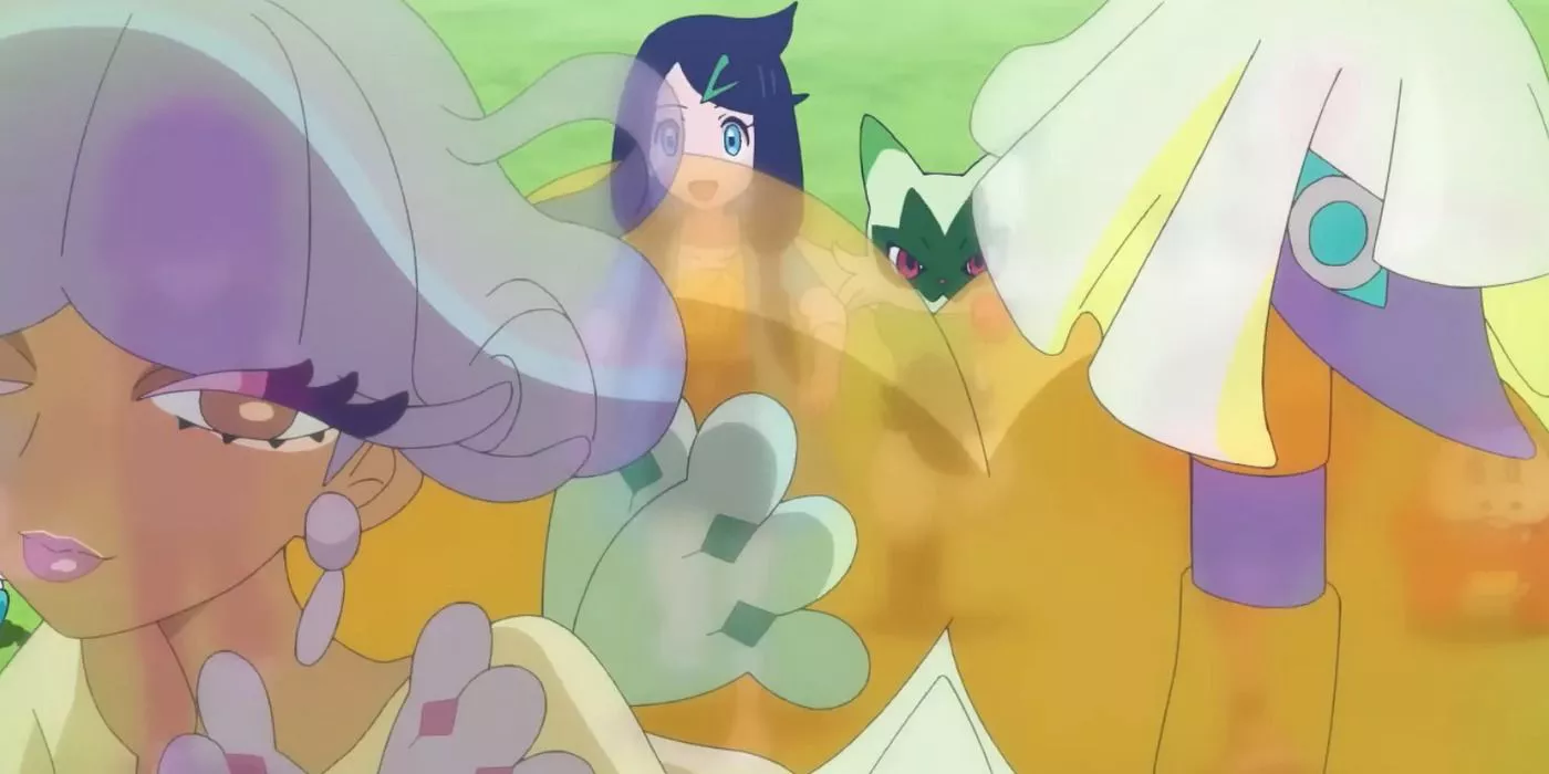 Gym Leader Tulip and Espathra in Pokemon Horizons, while Liko and Floragato look in the back.