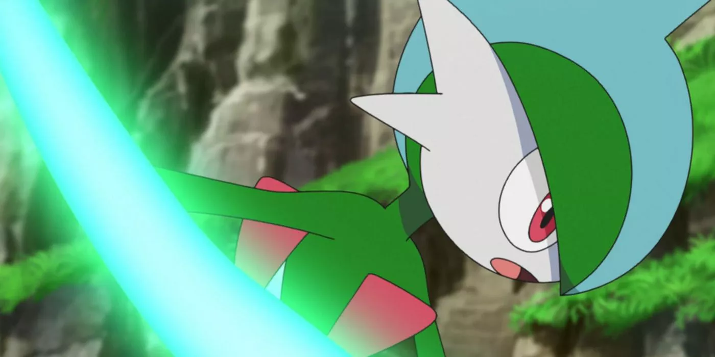 Gallade in the anime, its swordlike appendages glowing.