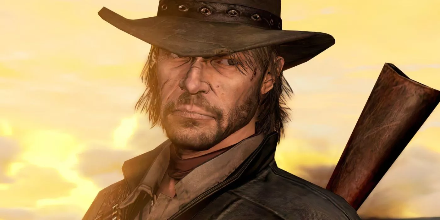 John Marston de pie y mira hacia la derecha frente a un amanecer en Red Dead Redemption.