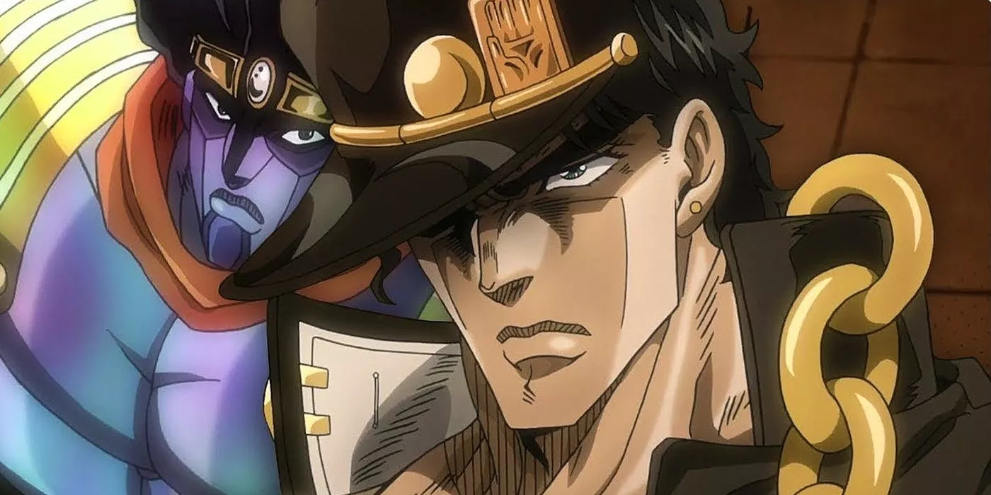 Jotaro Kujo grita mientras Star Platinum flota detrás de él en JoJo's Bizarre Adventure: Stardust Crusaders.