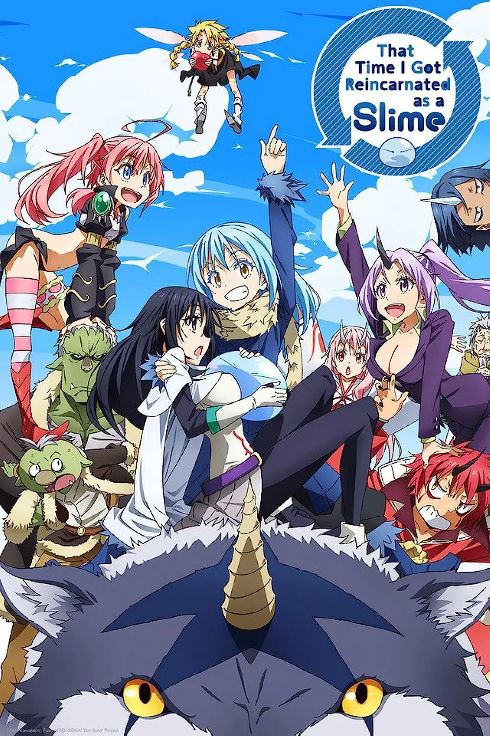 El elenco de That Time I Got Reincarnated as a Slime posando alegremente en el cartel oficial.