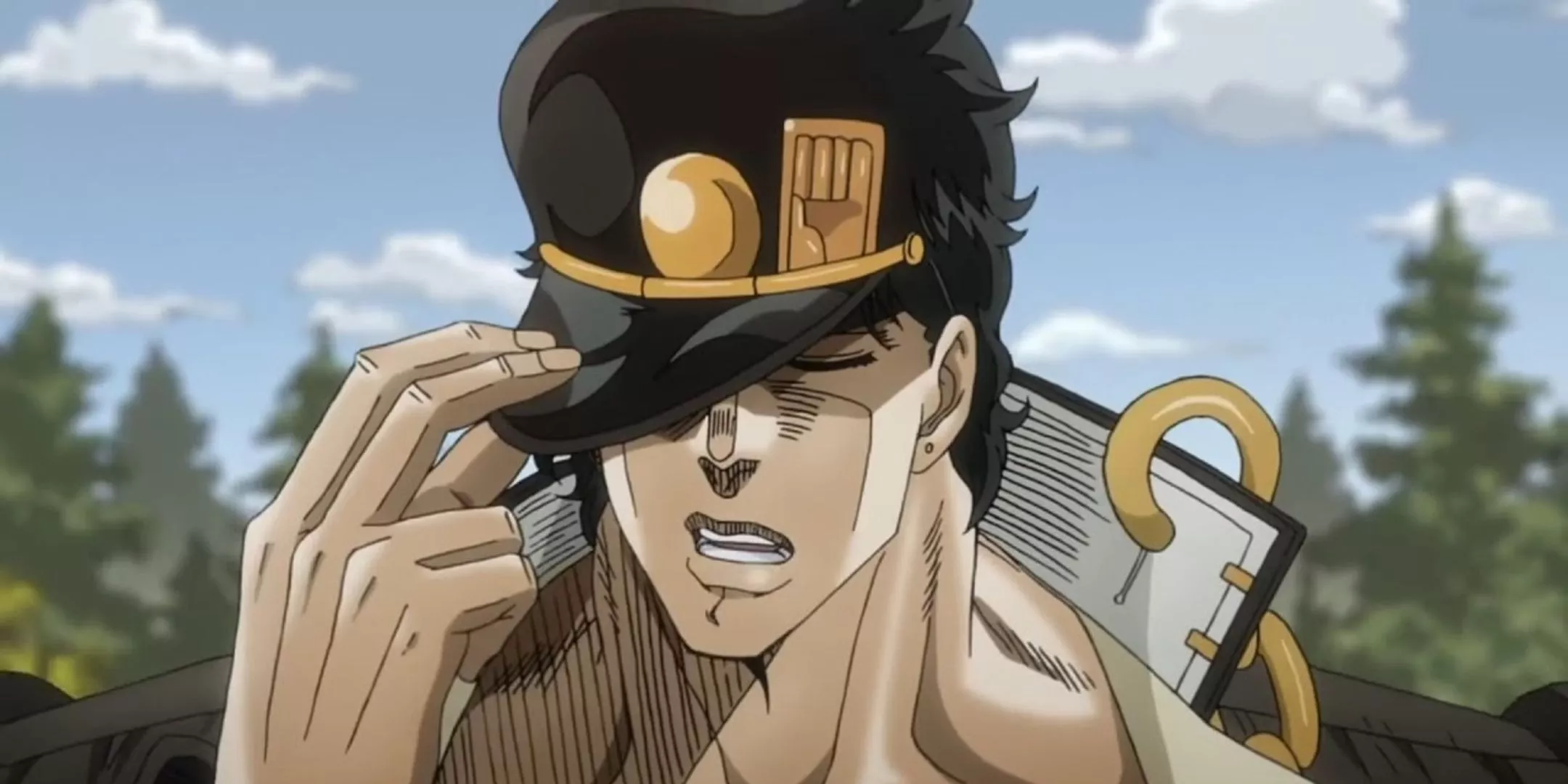 Jotaro Kujo inclinando su sombrero en JoJo's Bizarre Adventure.