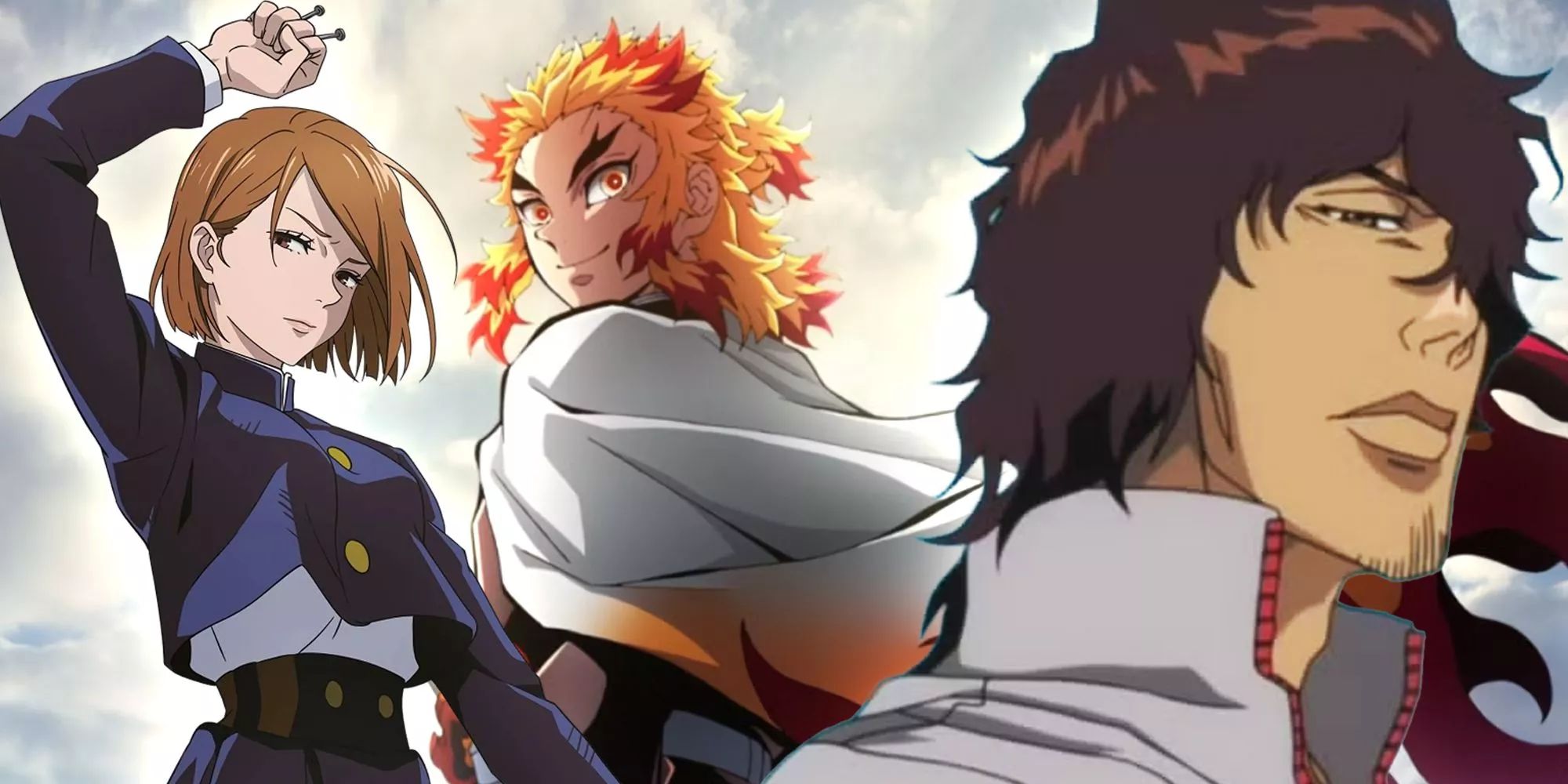 Collage de anime que presenta a Nobara Kugisaki, Kyojuro Rengoku y Chad de Bleach