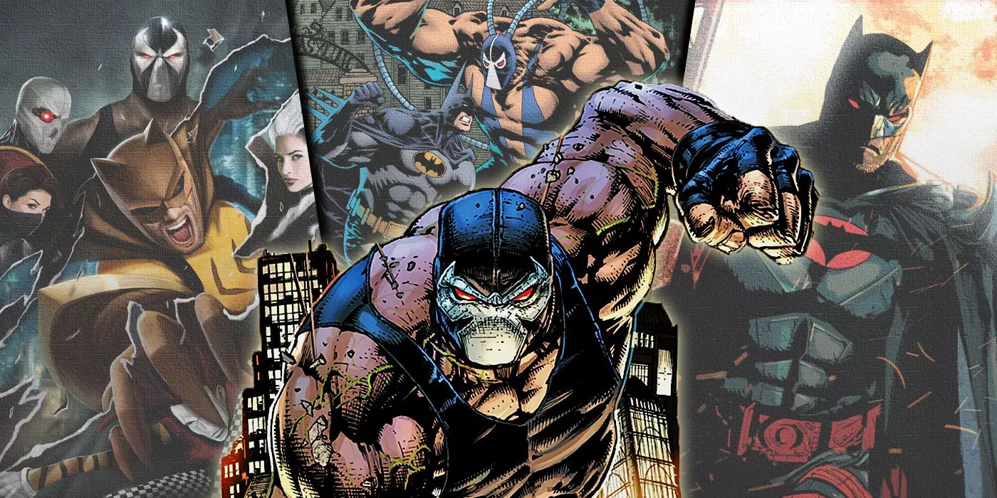 Imagen dividida de Bane de City of Bane con portadas de Secret Six, Knightfall y Flashpoint Beyond de DC Comics