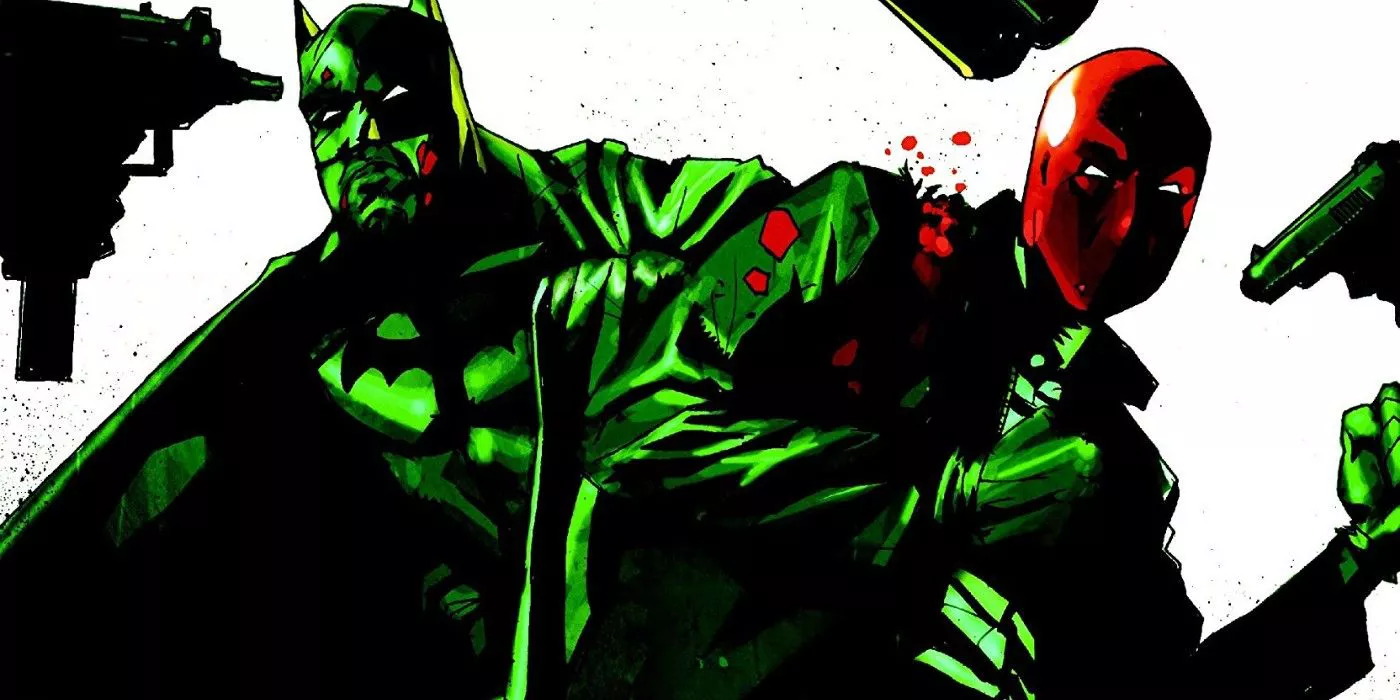 Batman y Red Hood rodeados de hombres armados en la historia 