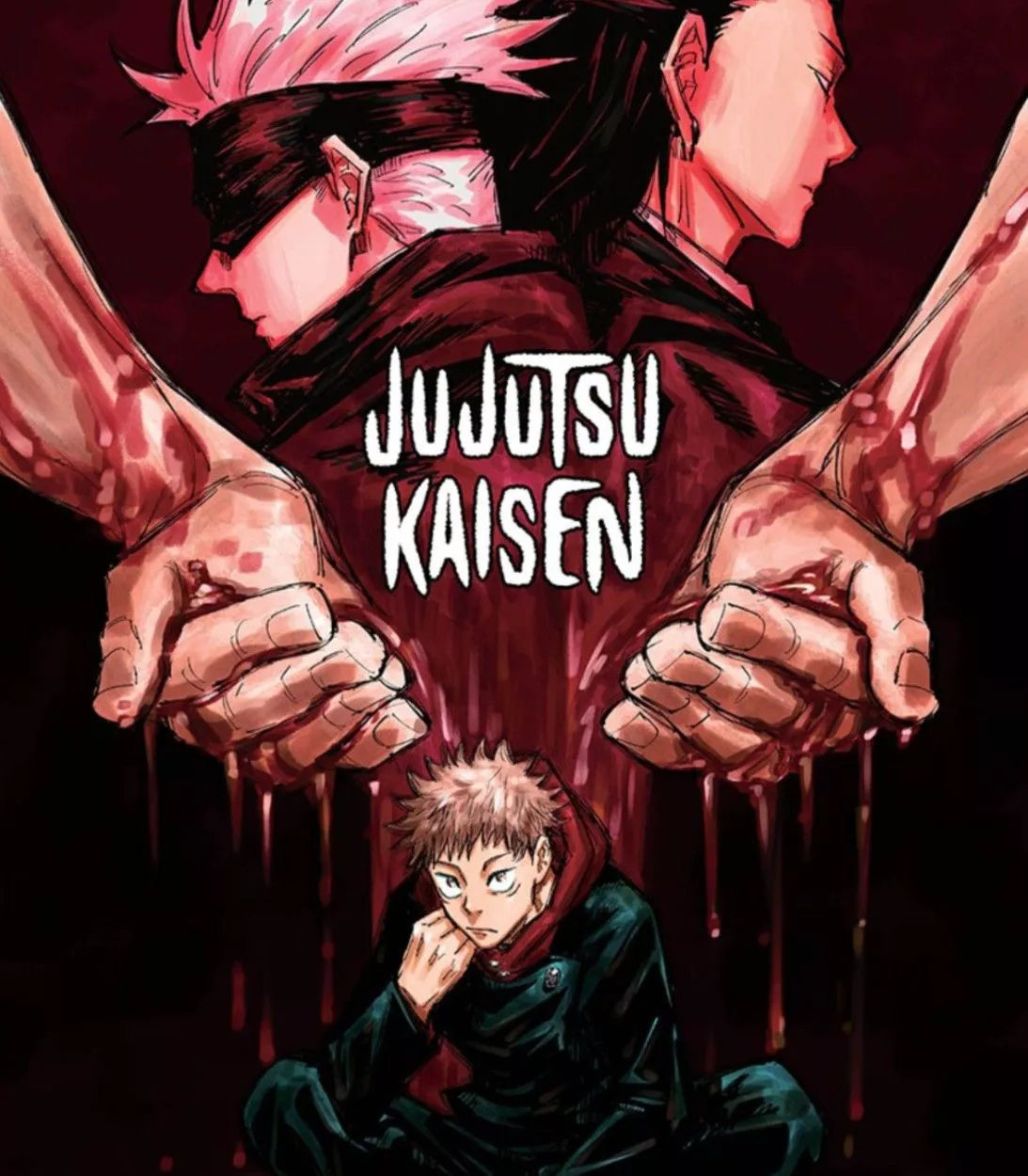 Yuji Itadori sentado debajo de las figuras imponentes de Gojo y Kenjaku en el póster de Jujutsu Kaisen.