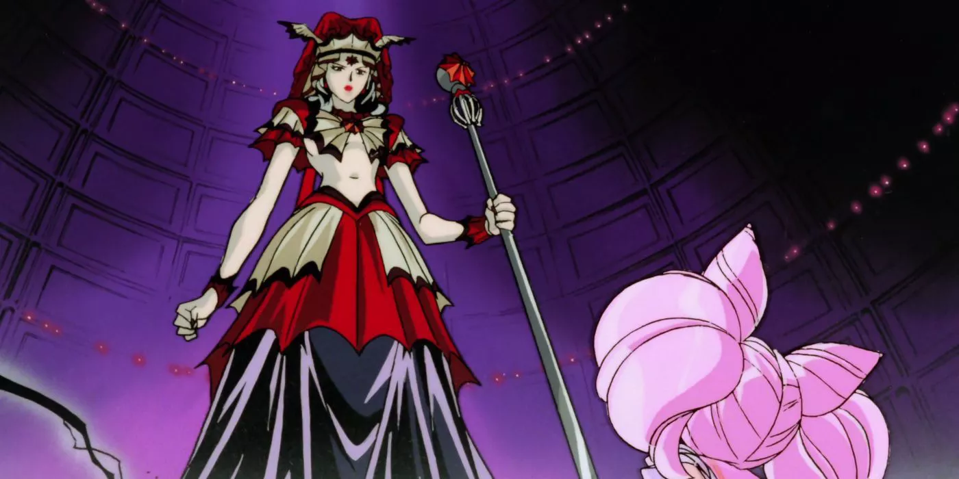 Queen Badiane looming over Sailor Chibi Moon in Sailor Moon SuperS the Movie.