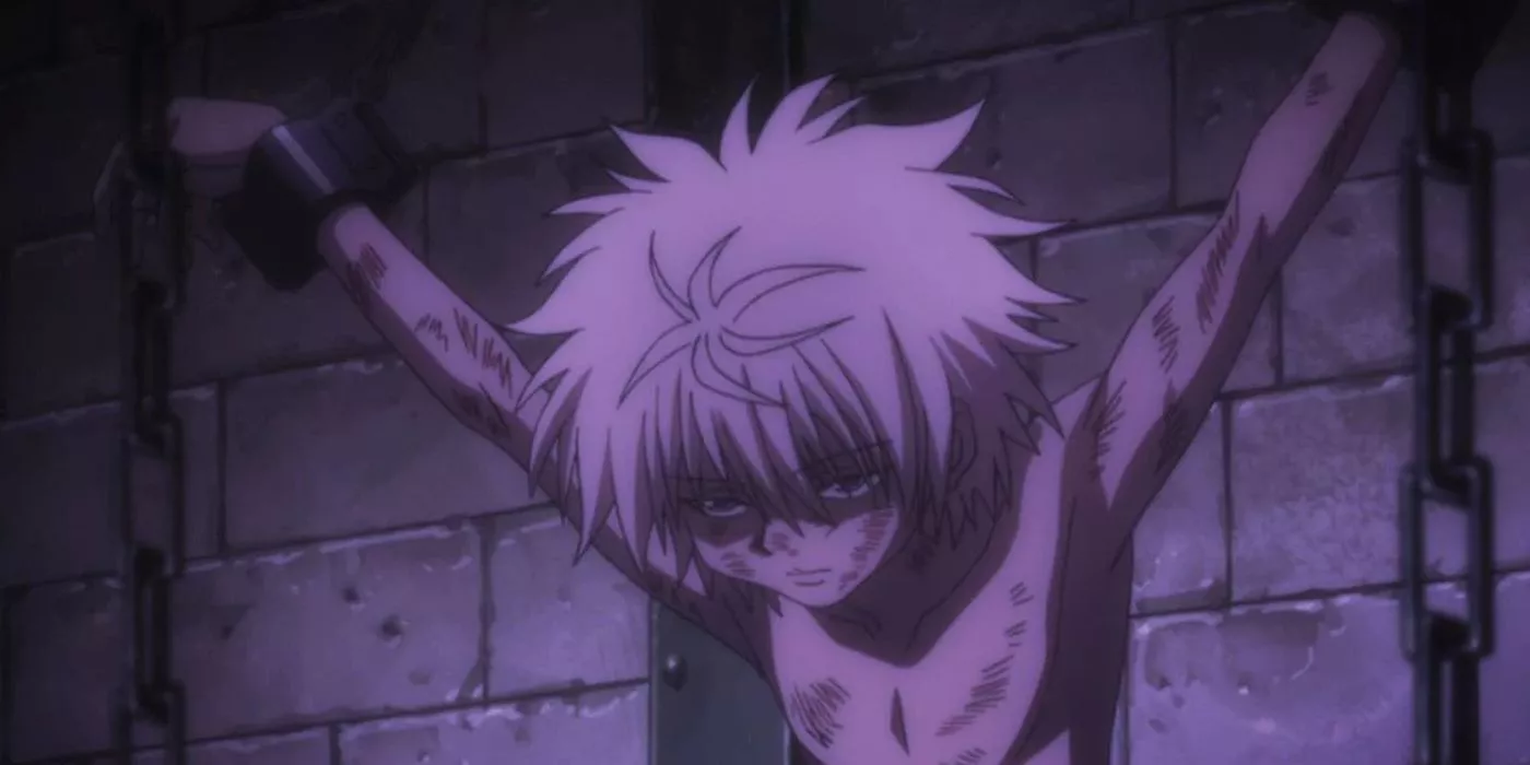 Killua chained up and tortured in Hunter X Hunter.