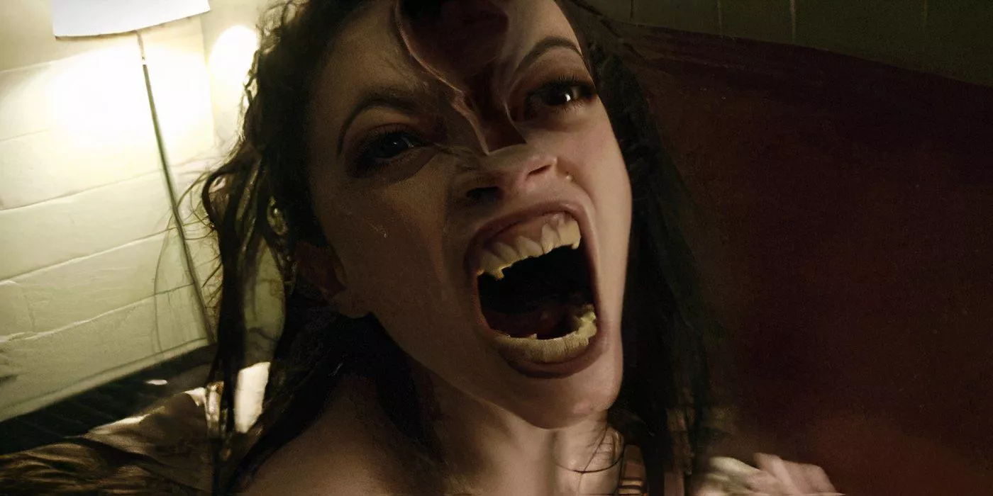 A scary vampire girl in on the screen in V/H/S