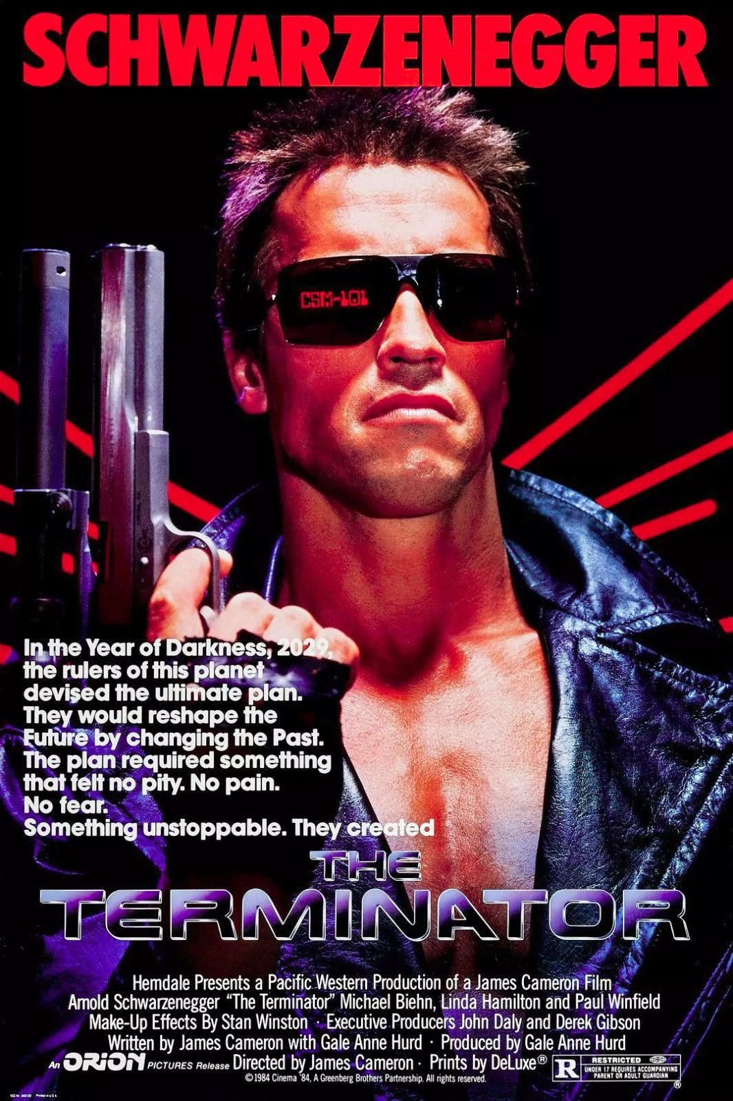 Arnold Schwarzenegger poses with sunglasses in The Terminator 1984 Film Poster