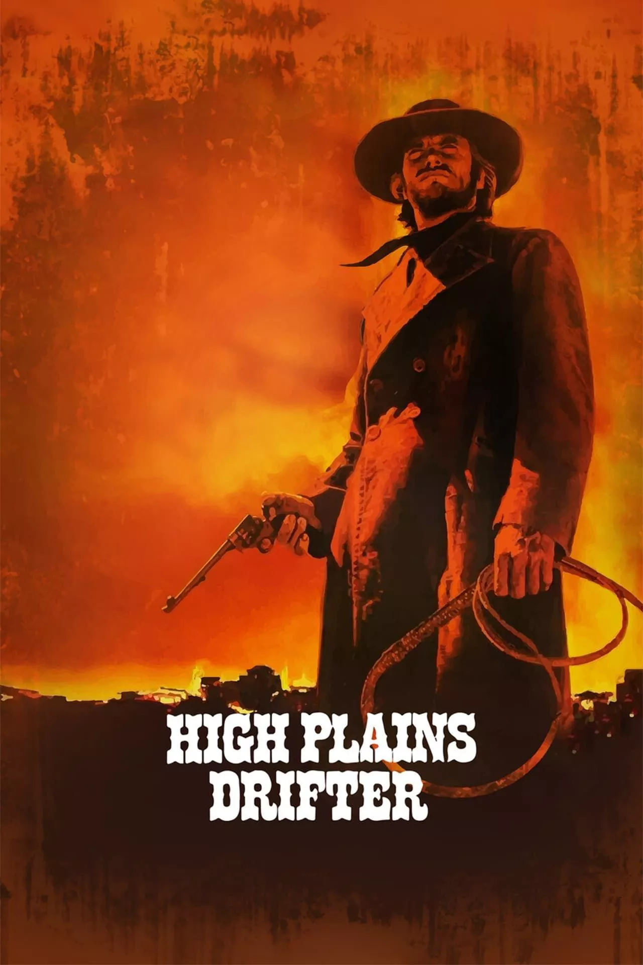 High Plains Drifter mostrando a Clint Eastwood sosteniendo un arma y un látigo