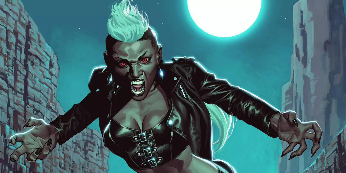 Ororo Munroe baring her teeth under a full moon as Bloodstorm