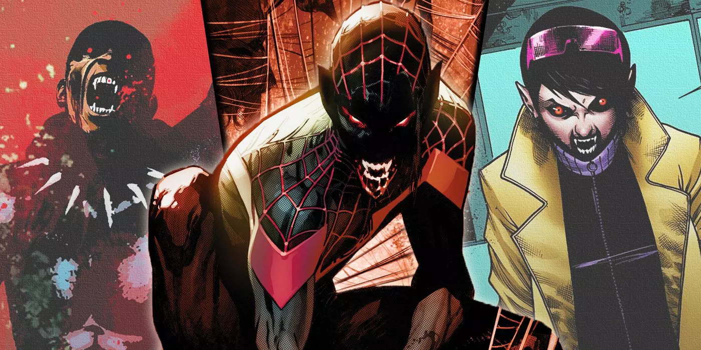 Split image of Black Panther, Miles Morales/Spider-Man and Jubilee as vampires from Marvel Comics