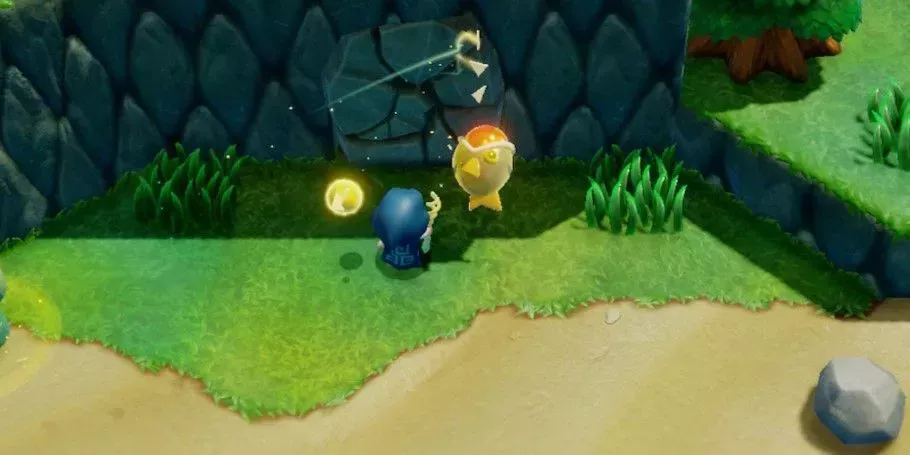 Princess Zelda using a bombfish to blow up a cracked wall