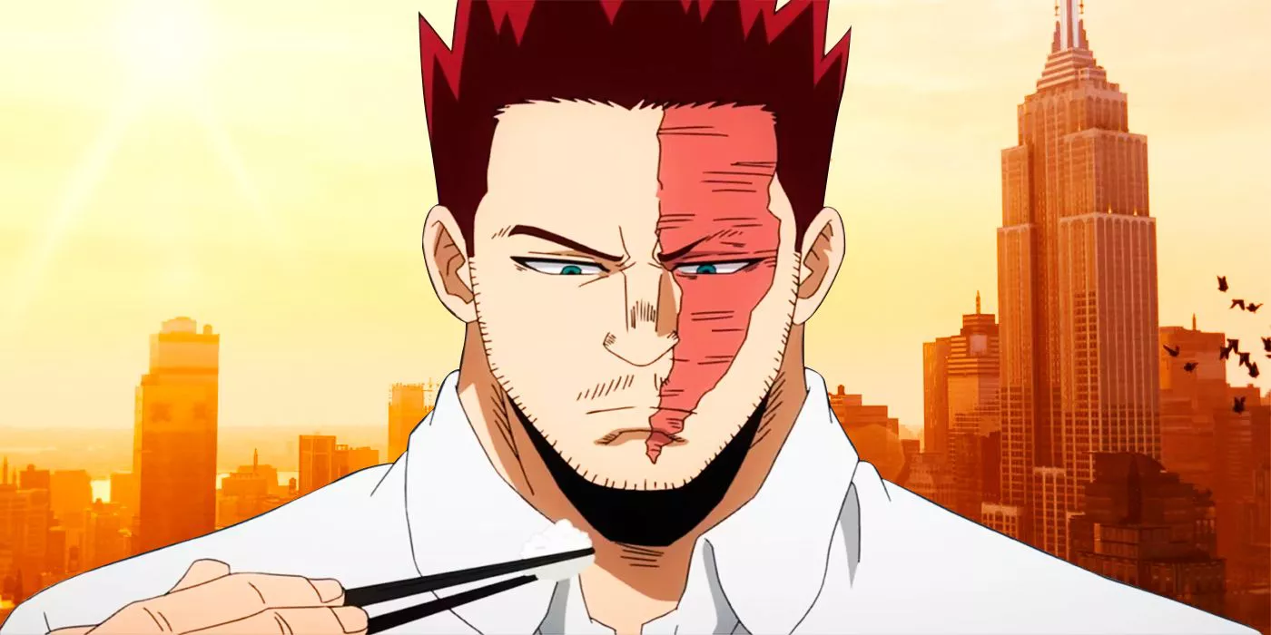 Endeavor sosteniendo palillos en My Hero Academia con una expresión seria.