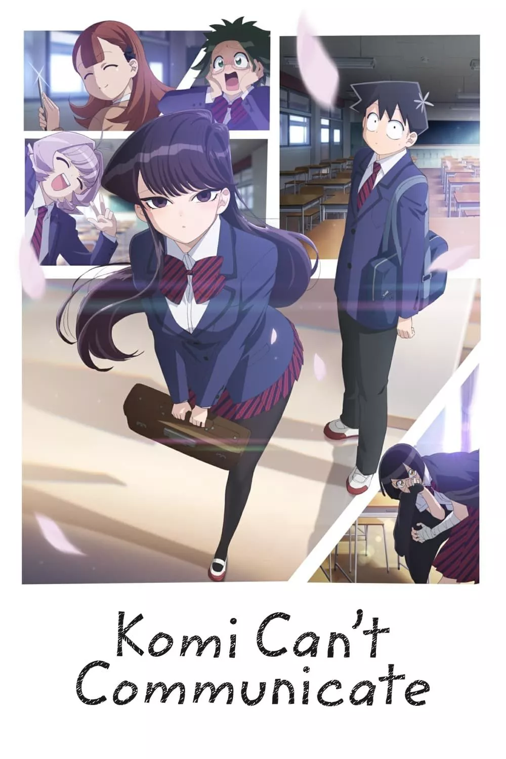 Komi smiling in front of panels featuring her school friends on the cover of the Komi Can't Communicate Anime Poster