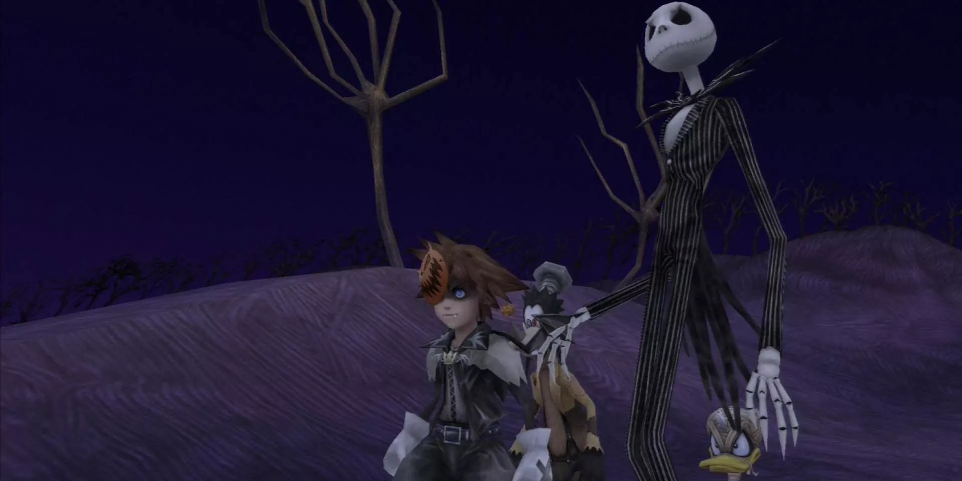 Sora, Goofy, Donald y Jack Skellington en Halloween Town en Kingdom Hearts