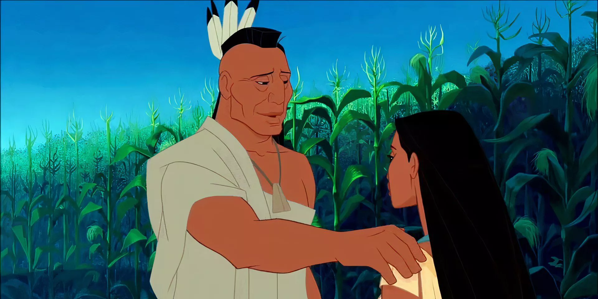 El Jefe Powhatan tiene su mano en el hombro de Pocahontas en el maizal en Pocahontas