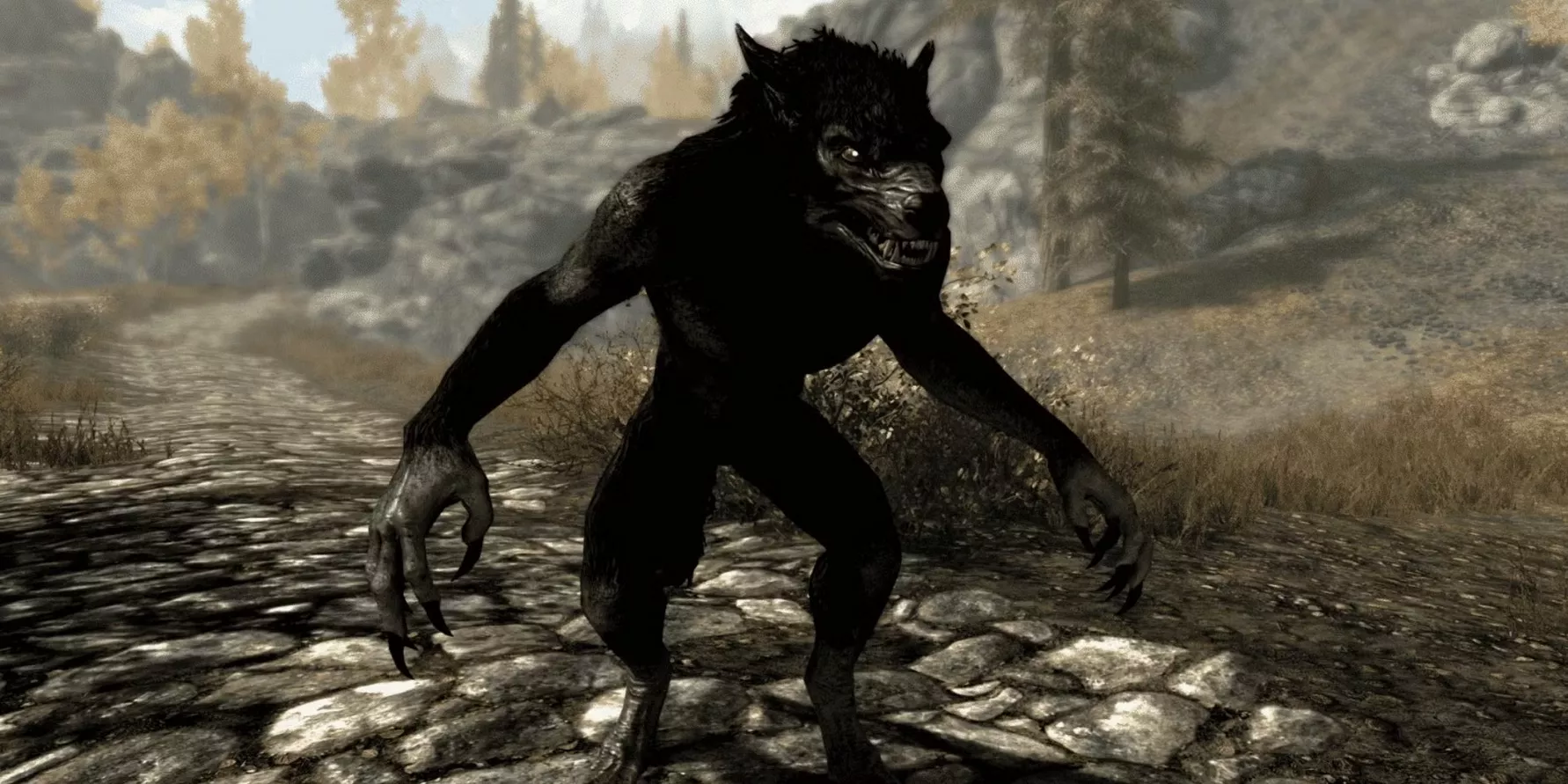 A werewolf standing on a stone trail in The Elder Scrolls V: Skyrim.