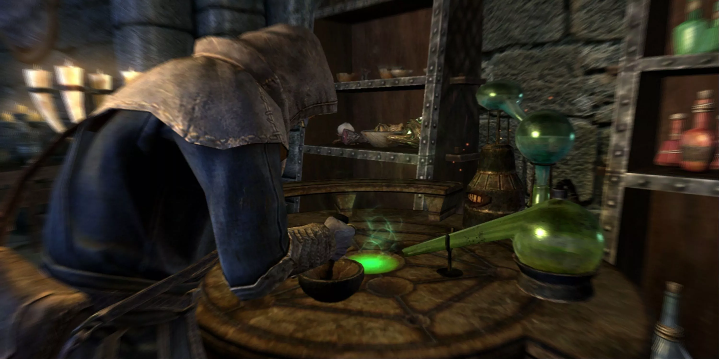 A Skyrim player using Alchemy Table.