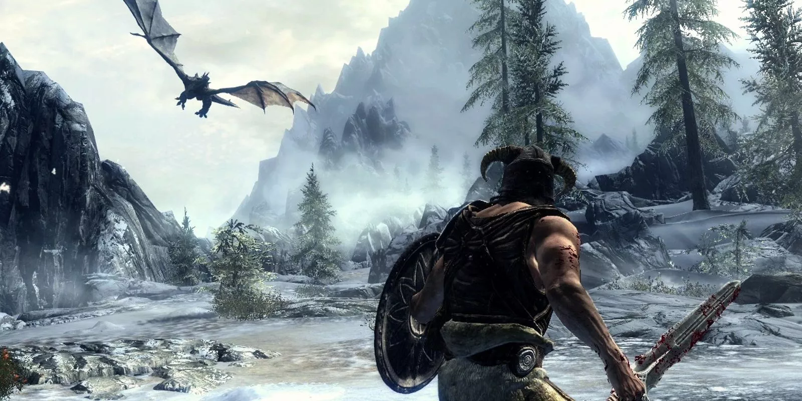 The Dragonborn faces off against a dragon in The Elder Scrolls V: Skyrim.