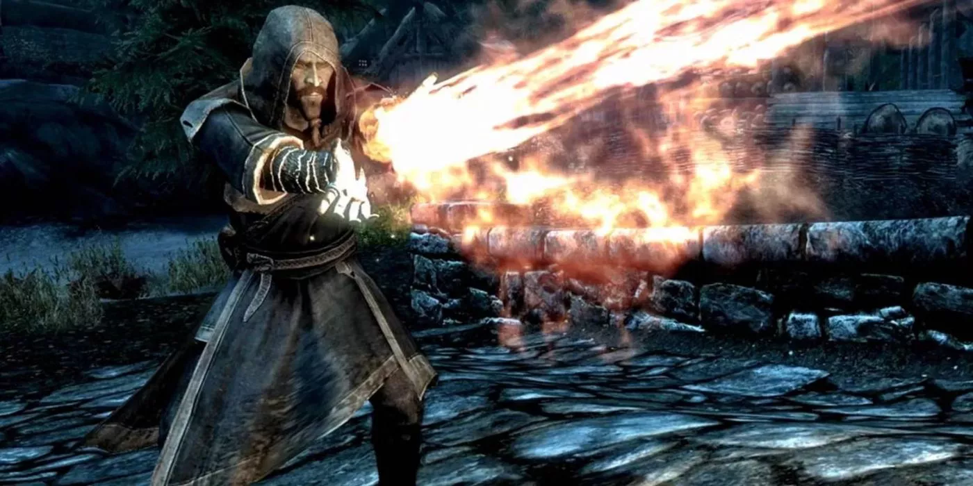 A mage casting Destruction spells in The Elder Scrolls V: Skyrim.