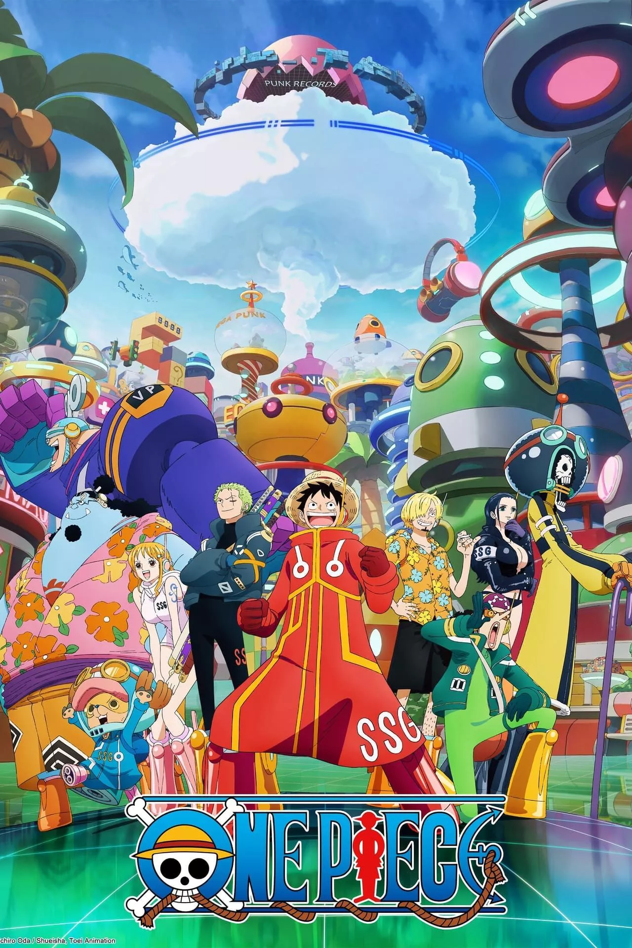 The poster for One Piece depicts the Strawhat Pirates, including Monkey D. Luffy, Sanji, Roronoa Zoro, Usopp, Nico Robin, Nami, Tony Tony Chopper, Brook, Jinbei and Franky, while on Egghead Island.