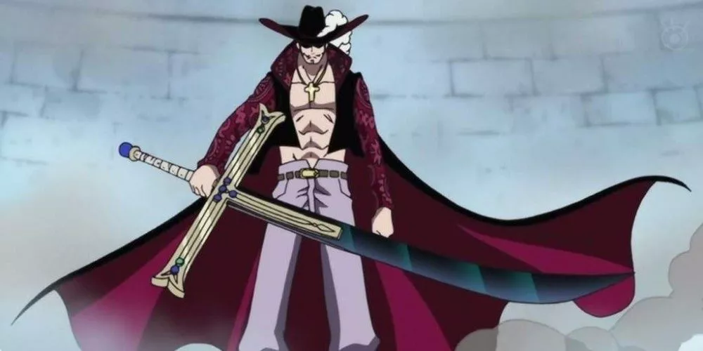 Mihawk desenfunda su espada Yoru durante la Guerra en Marineford