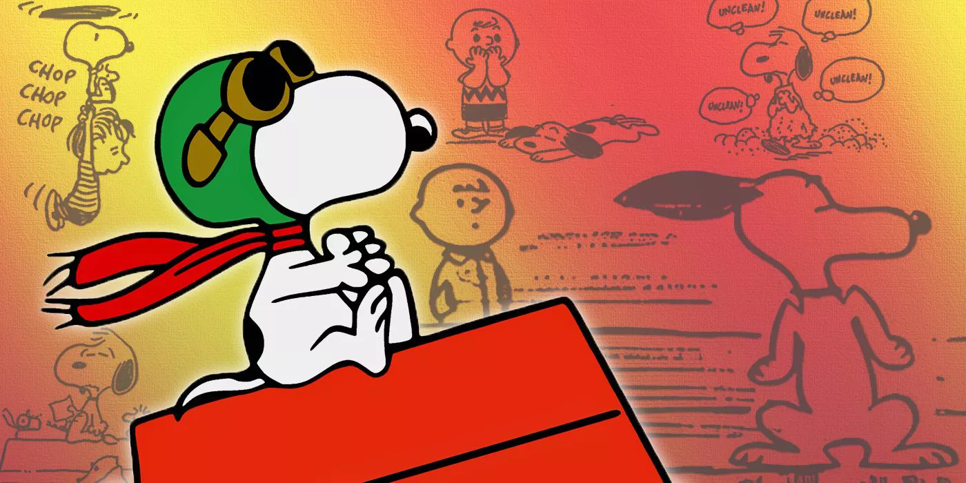 Collage image of Snoopy and his greatest moments with Charlie Brown and friends in Peanuts comics