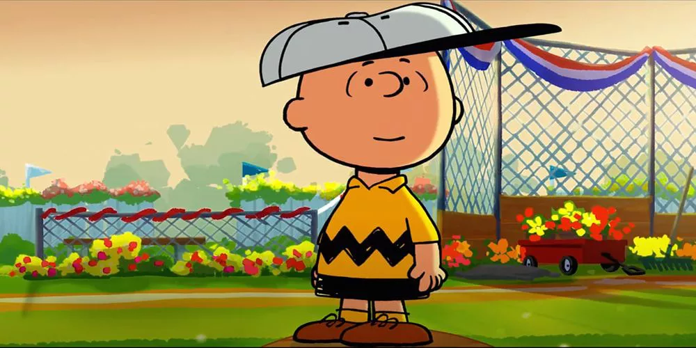 Charlie Brown with baseball hat smiling off panel