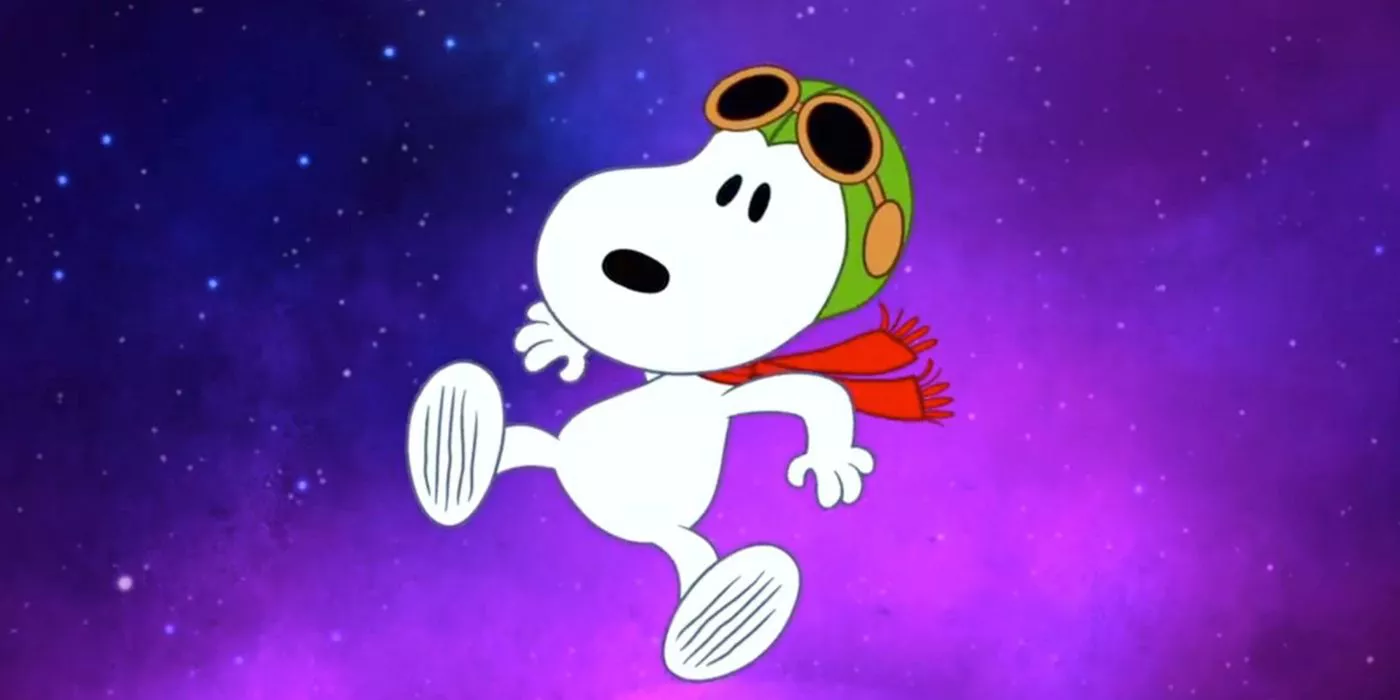 Snoopy wearing his flying ace hat with a purple galaxy background