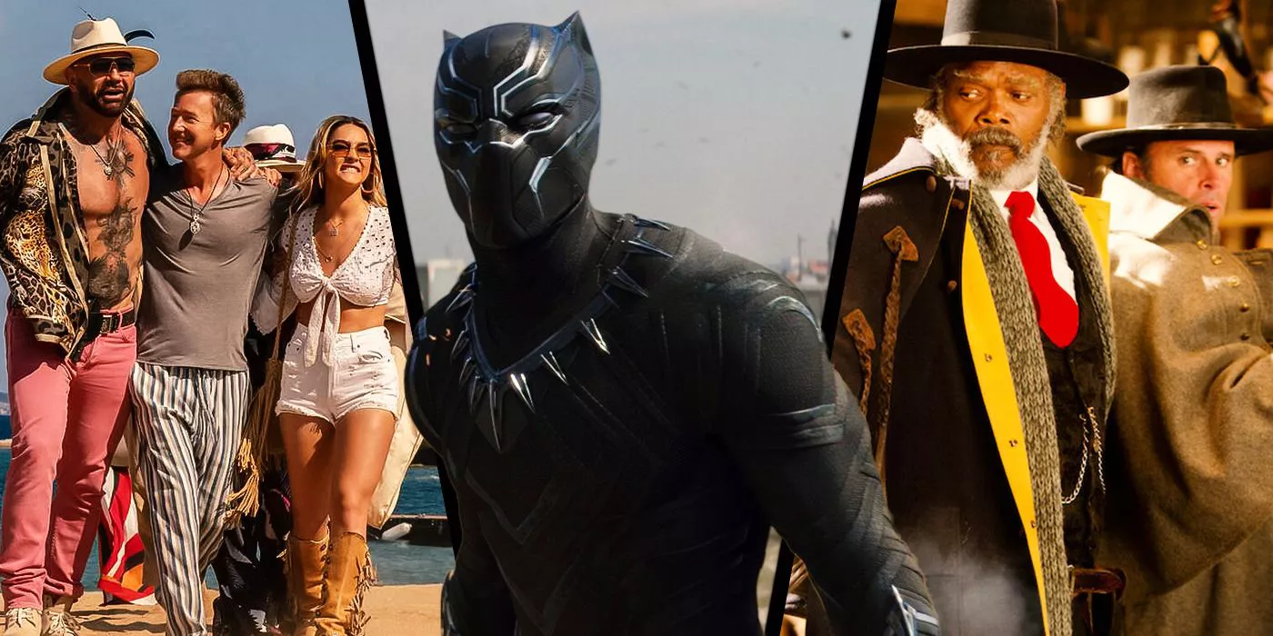 Images from Glass Onion, Black Panther and The Hateful Eight