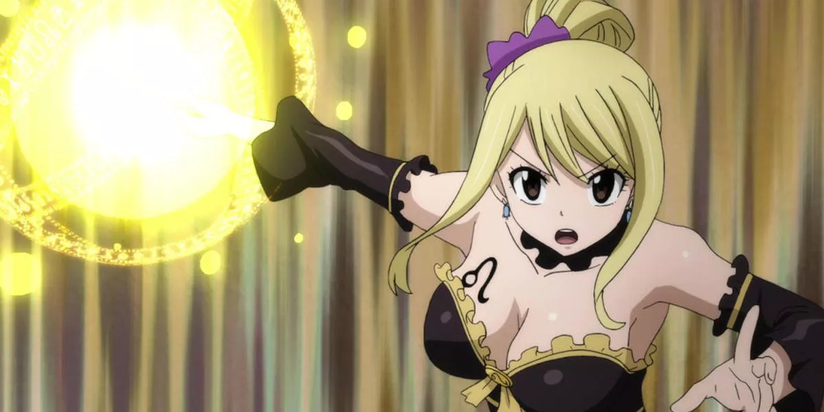 Lucy en su Star Dress usando Regulus Punch en Fairy Tail.