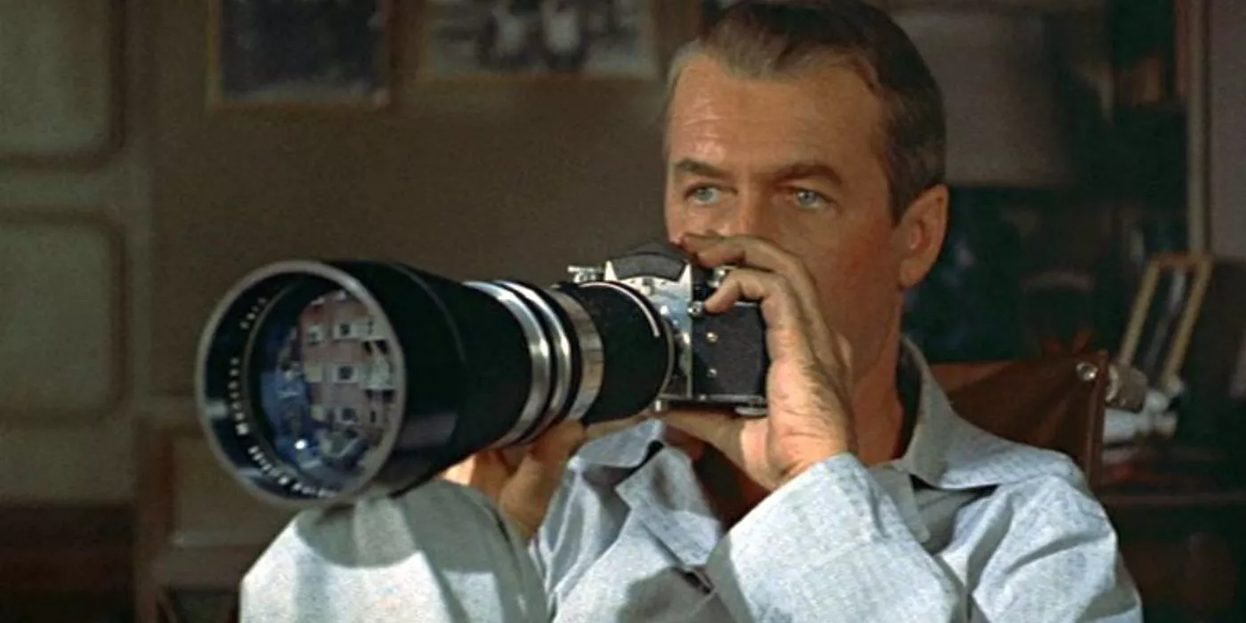 Jeff uses his camera to spy on neighbors in Rear Window