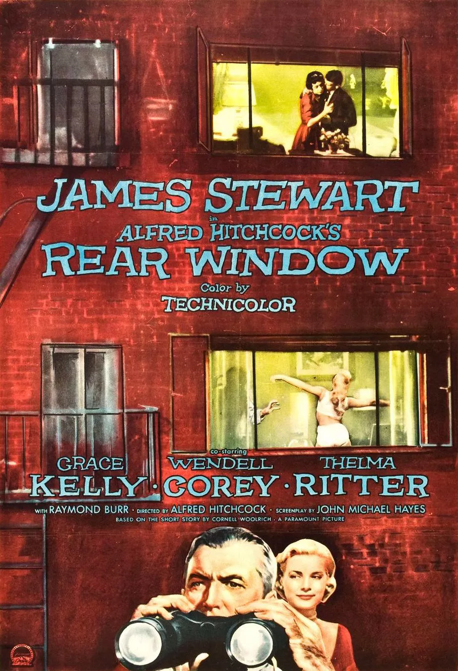 A man holding binoculars on the Rear Window movie poster