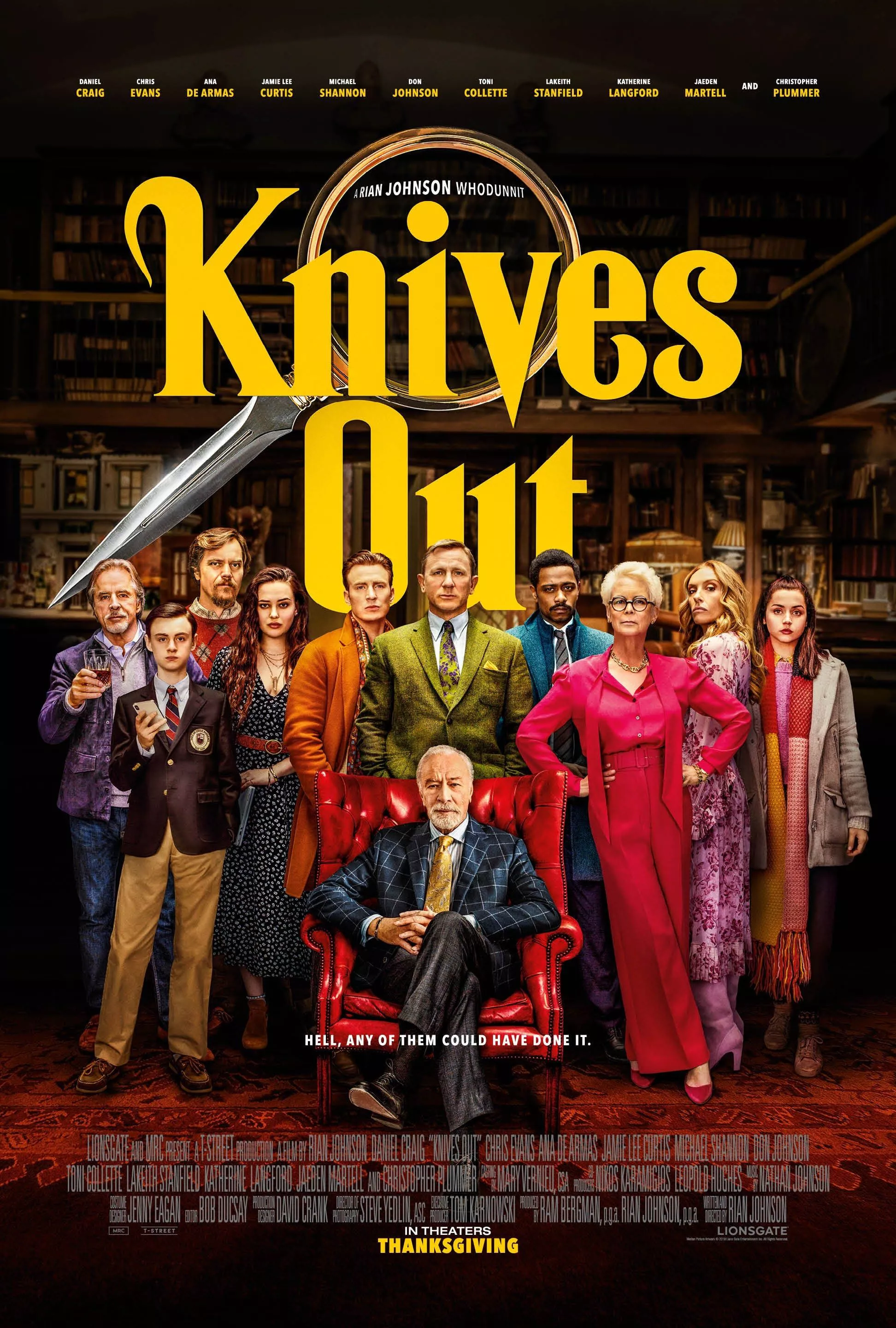 Jamie Lee Curtis, Don Johnson, Toni Collette, Christopher Plummer, Daniel Craig, Chris Evans, Michael Shannon, Ana de Armas, LaKeith Stanfield, Jaeden Martell, and Katherine Langford in Knives Out (2019) Film Poster