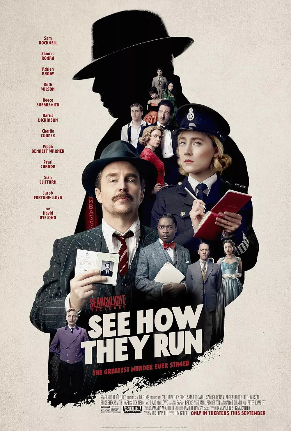 Poster of the 2022 film See How They Run with Sam Rockwell, Saoirse Ronan, and the rest of the cast 