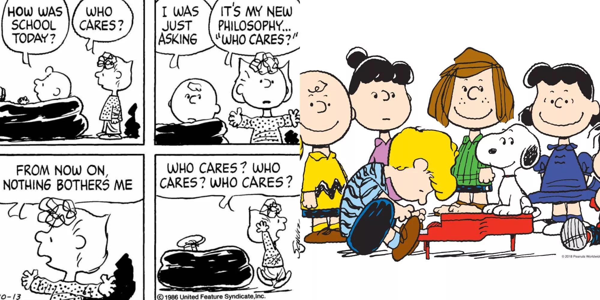 Imagen dividida del cómic Peanuts y Peanuts alrededor del piano