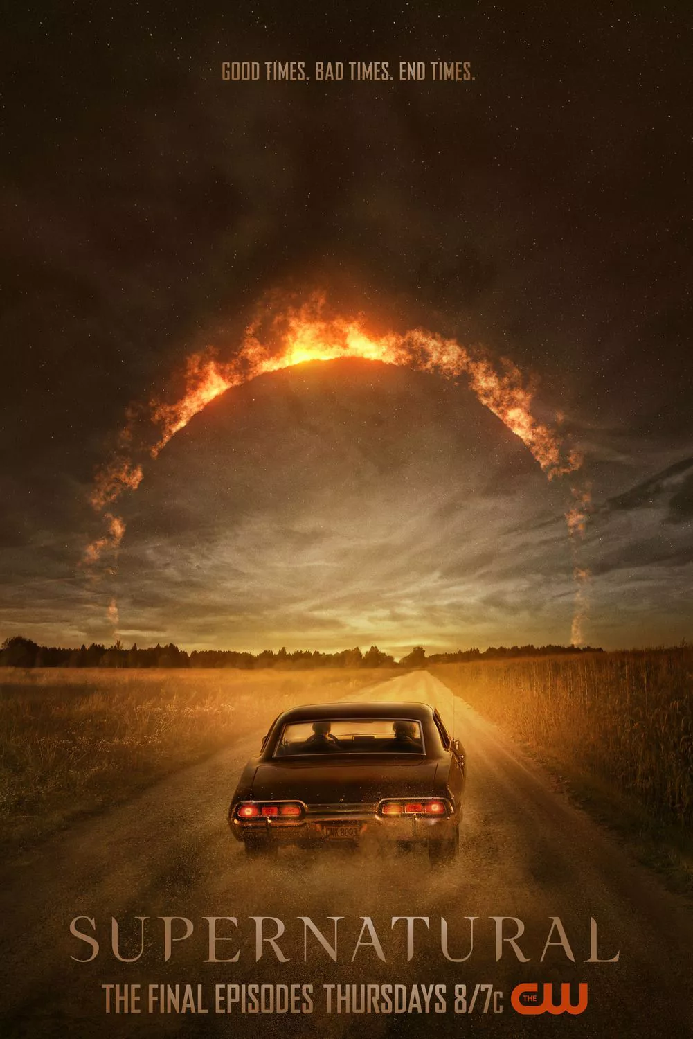 The Winchesters' Black Impala is driving towards a hellish horizon in the Supernatural TV Show Poster.