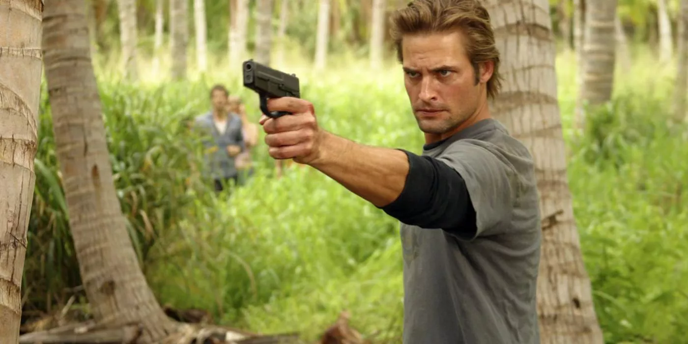 Sawyer aims a gun at a polar bear in Lost