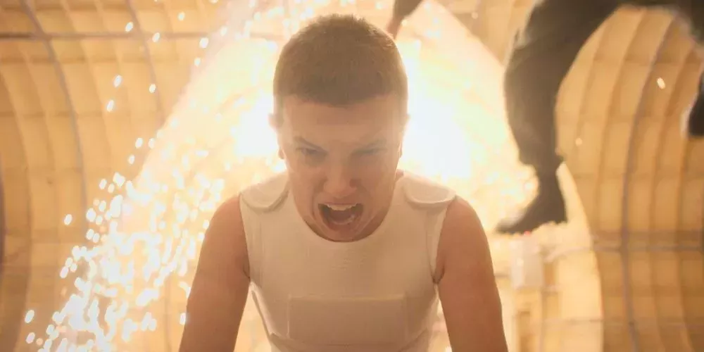 Eleven yells in Stranger Things.