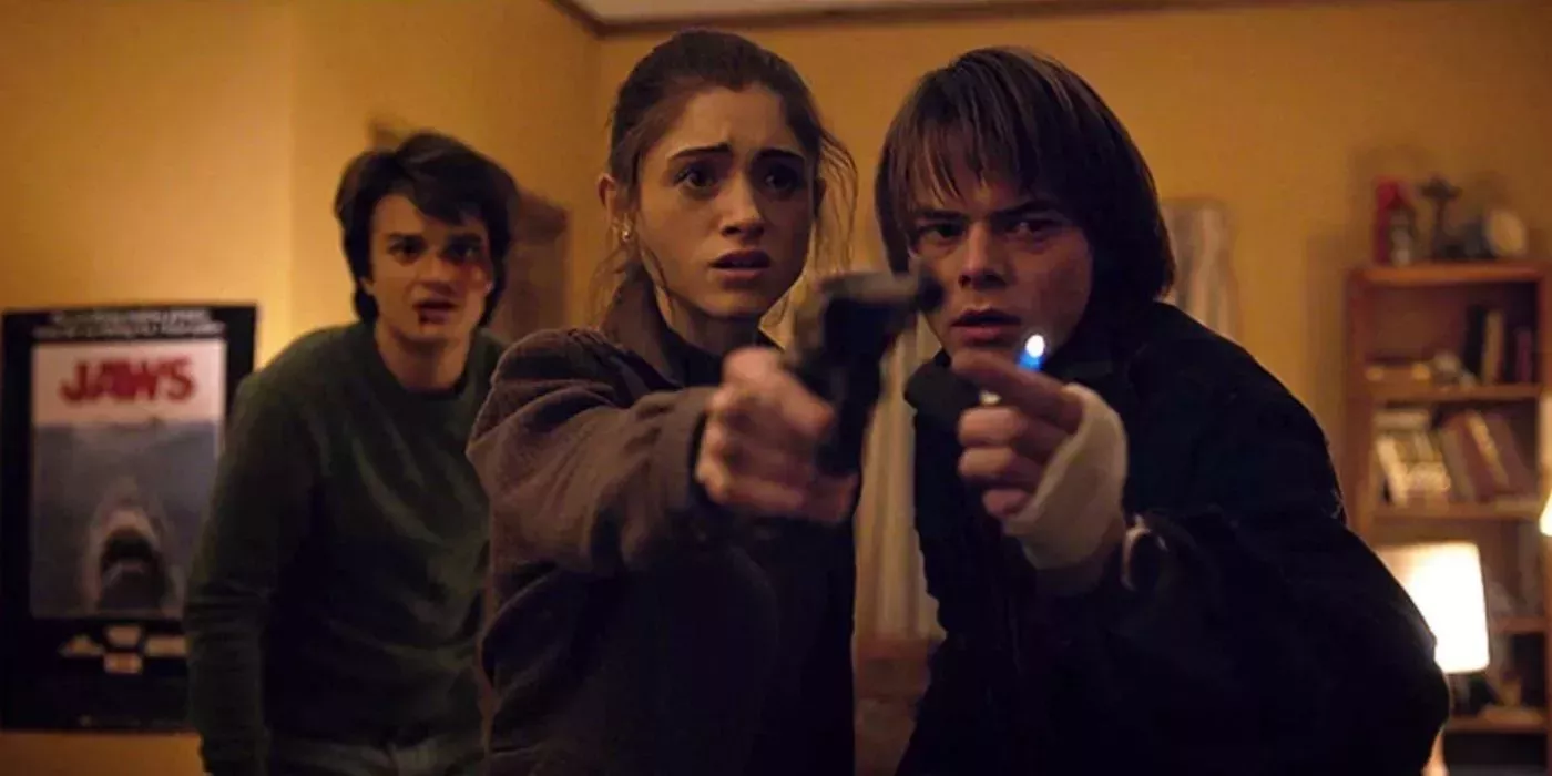 Nancy Wheeler holding gun, Jonathan Byers holding lighter, and Steve Harrington, Stranger Things